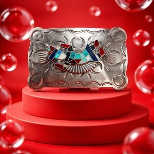 Vintage Southwestern Belt Buckle Nickel Silver Inlay Turquoise Coral Style Handm